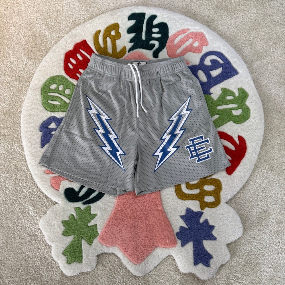 Eric Emanuel EE Basic Short Grey Blue Lightning Bolt Mesh Shorts Size Small